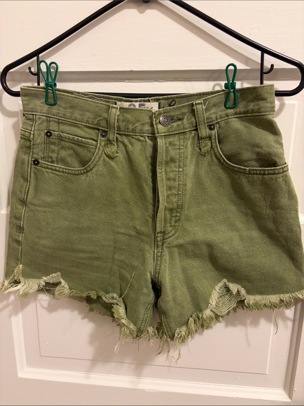 Free People “We The Free” High-Rise Olive Green Frayed Hem Denim Shorts
